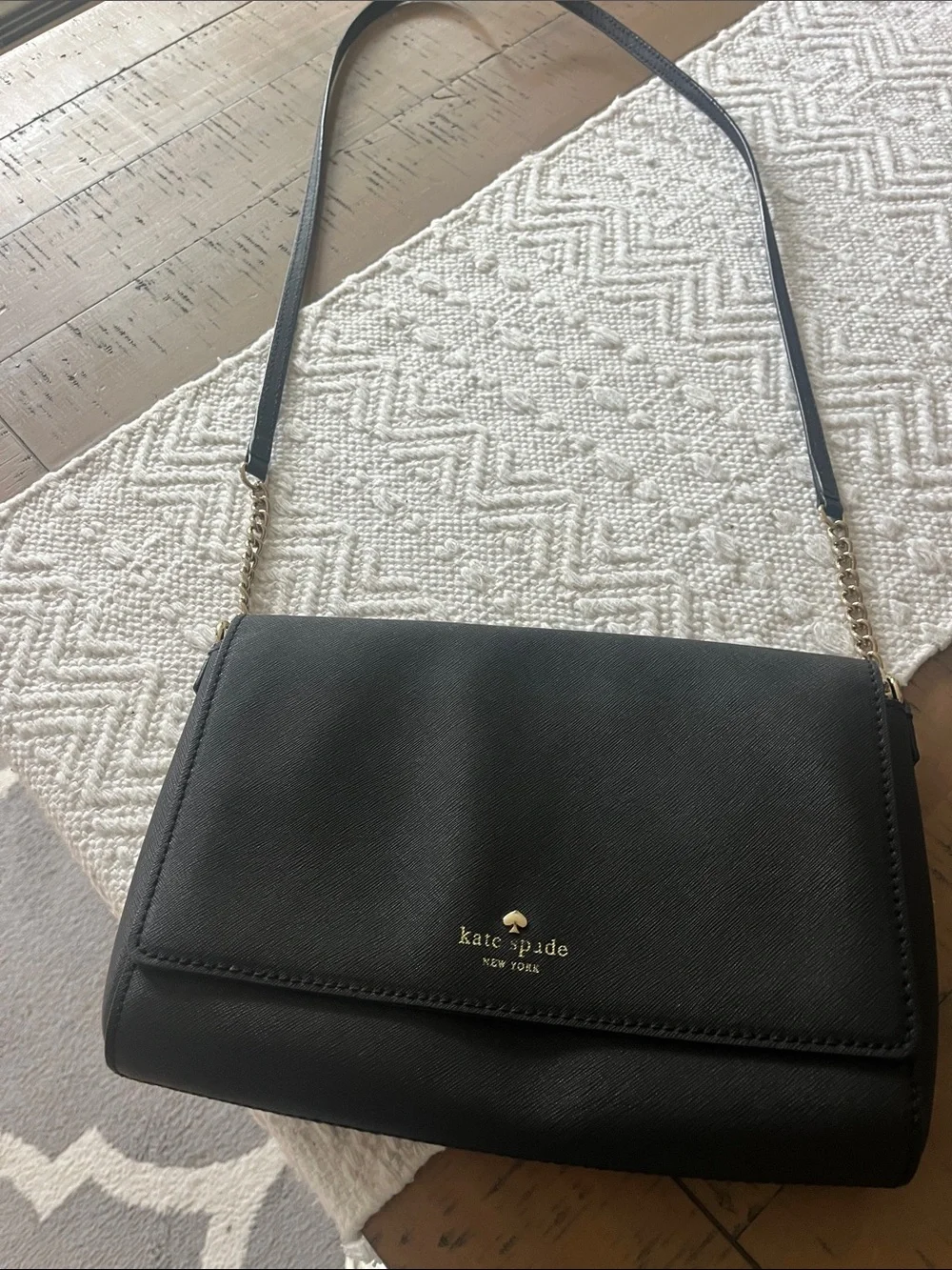 kate spade Saffiano Black Leather Crossbody with Gold Chain Strap Accent